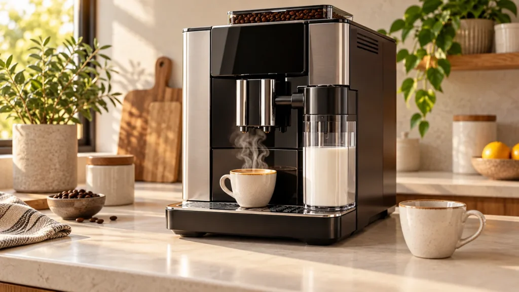 Illustrative automatic espresso machine serving coffee into a ceramic cup