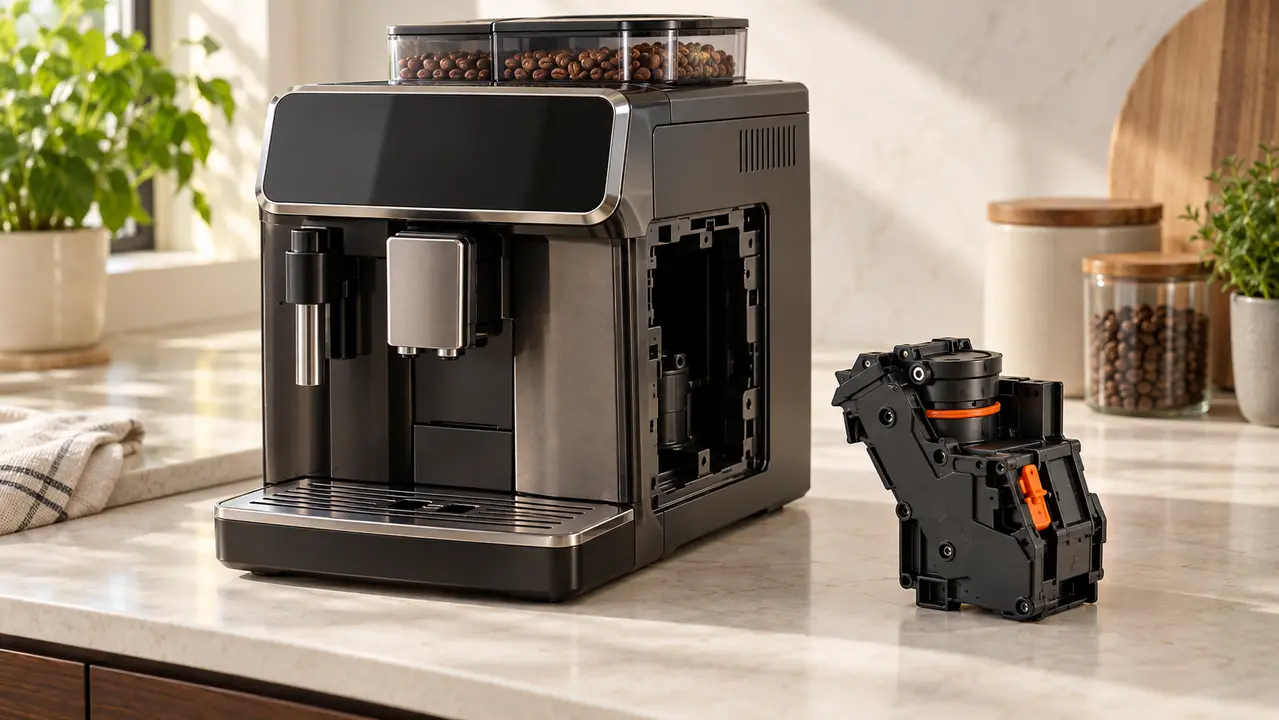 Illustration of an automatic espresso machine with its removable brew group beside it