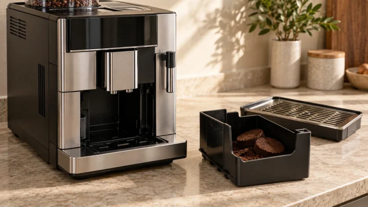 Illustrative espresso machine beside a removed coffee grounds drawer with used coffee pucks