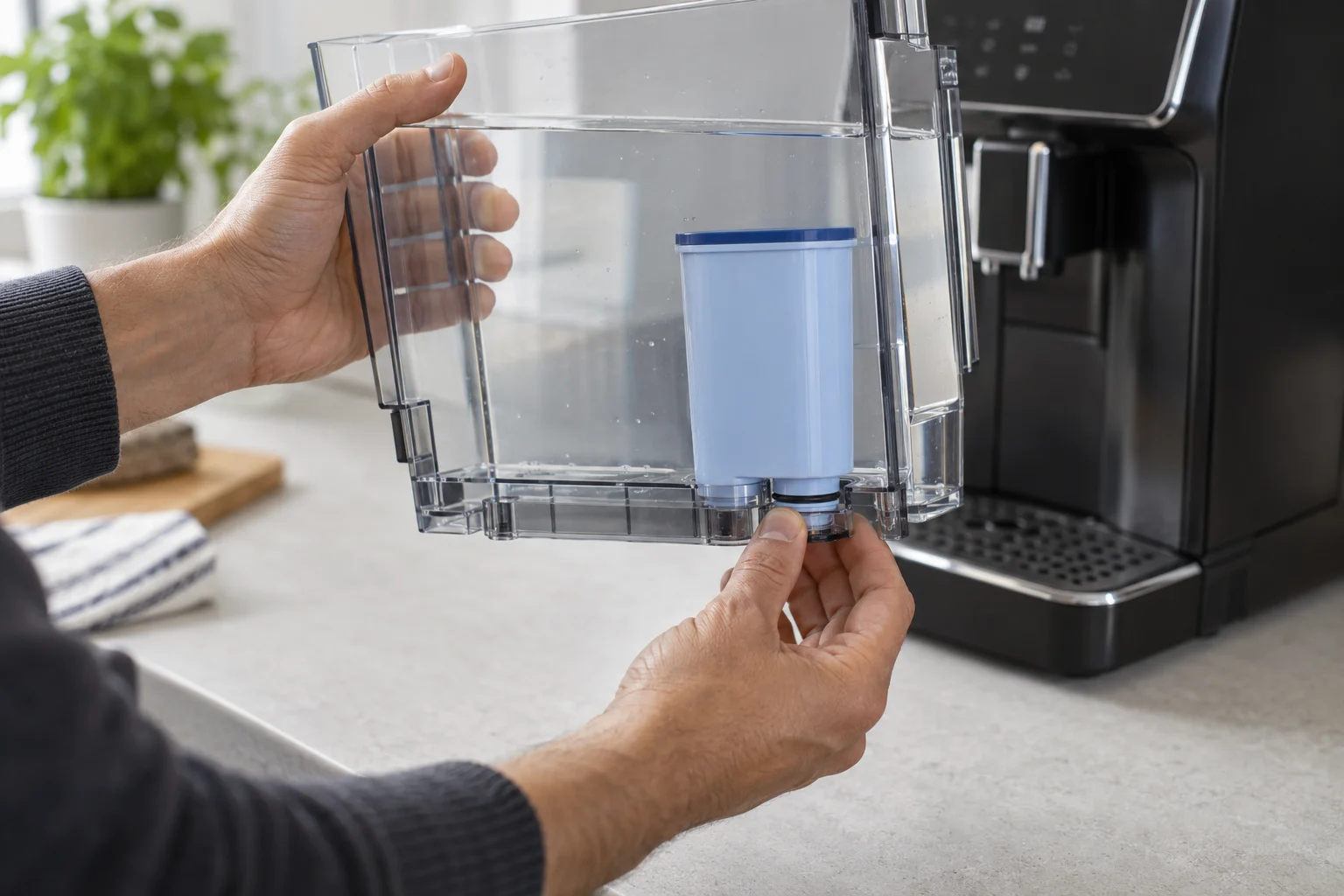 Installing an AquaClean water filter vertically in a Philips 3200 water tank