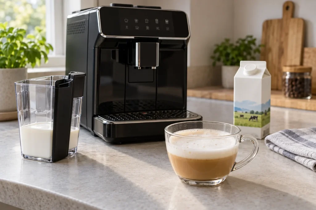 Illustrative espresso machine, detached milk container, chilled milk, and a cup with thin cappuccino foam