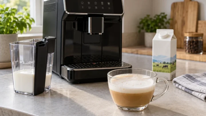 Illustrative espresso machine, detached milk container, chilled milk, and a cup with thin cappuccino foam