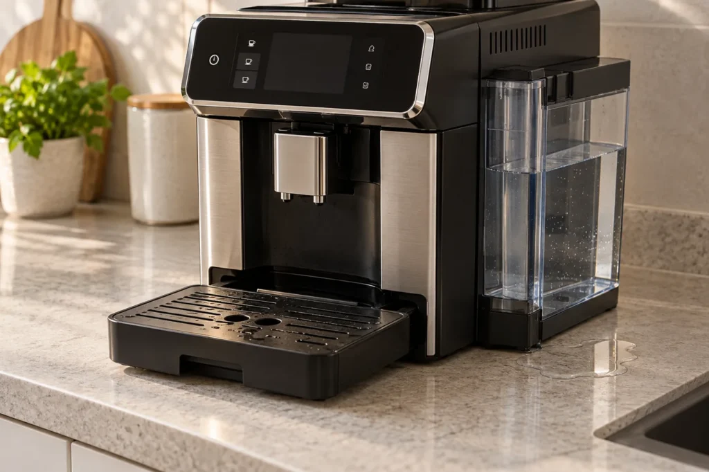 Illustrative espresso machine with water tank, drip tray, and clear water beside the machine