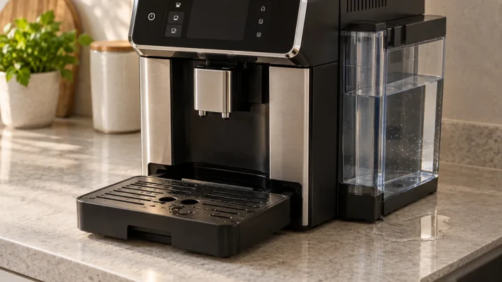 Illustrative espresso machine with water tank, drip tray, and clear water beside the machine