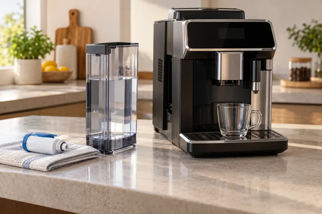 Generic automatic espresso machine beside its removed water tank and unbranded water filter