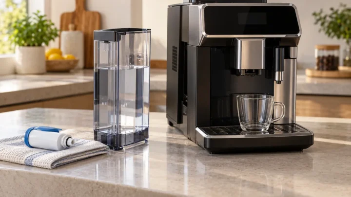 Generic automatic espresso machine beside its removed water tank and unbranded water filter