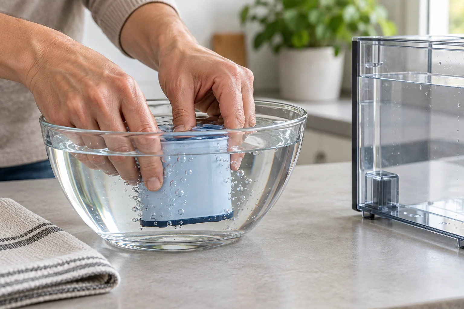 Preparing a Philips 3200 AquaClean filter under cold water until air bubbles stop