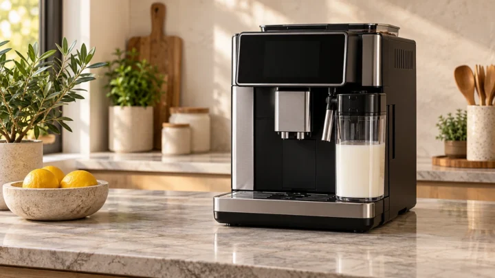 Illustrative espresso machine with its display dark on a dry kitchen counter