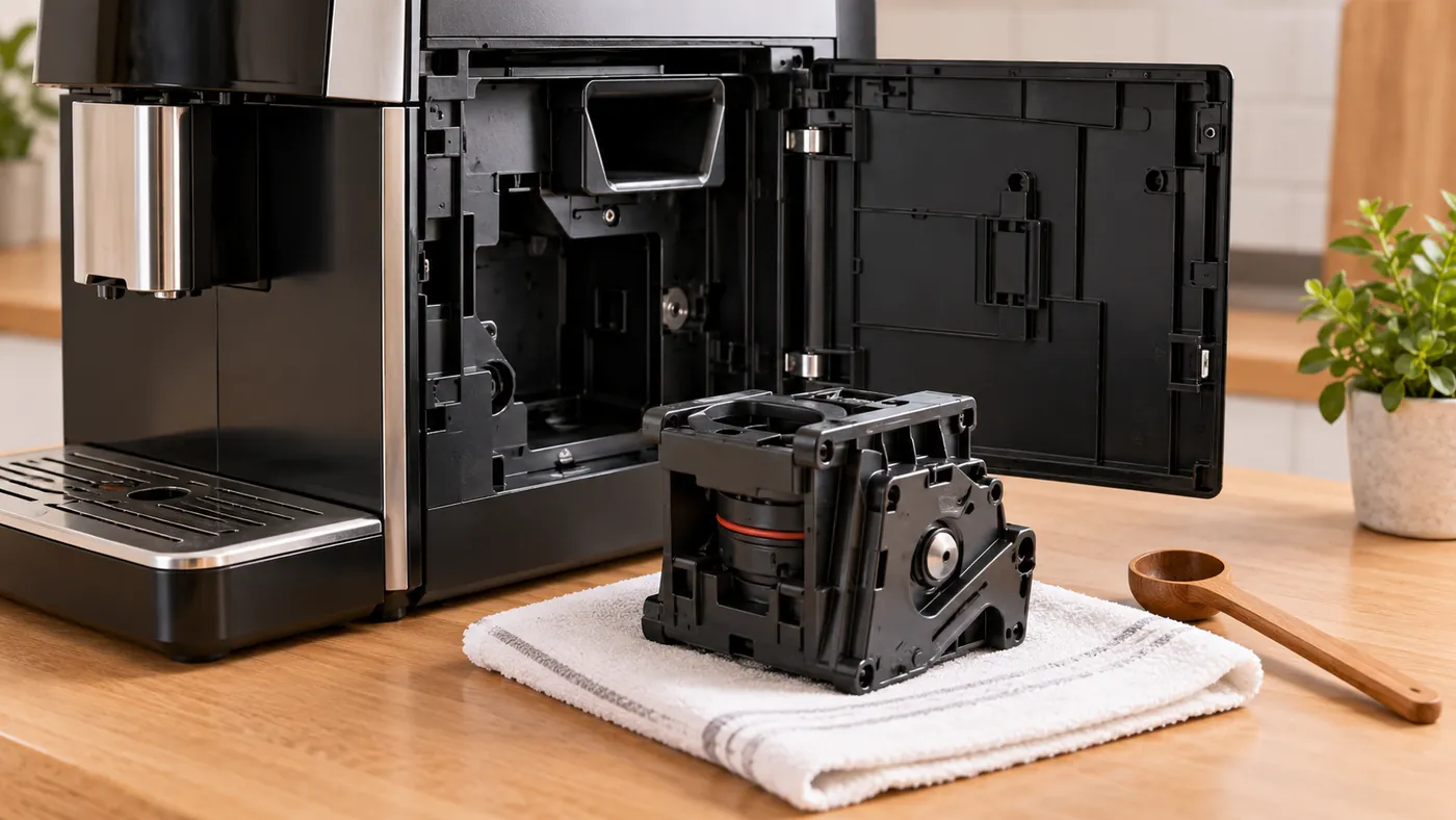 Removable brew group beside a generic automatic coffee machine with its service door open