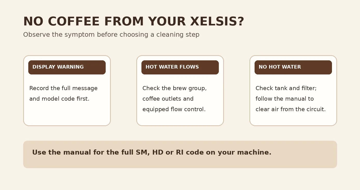 Saeco Xelsis diagnostic chart: display warning, hot-water flow, or no hot water lead to different safe checks
