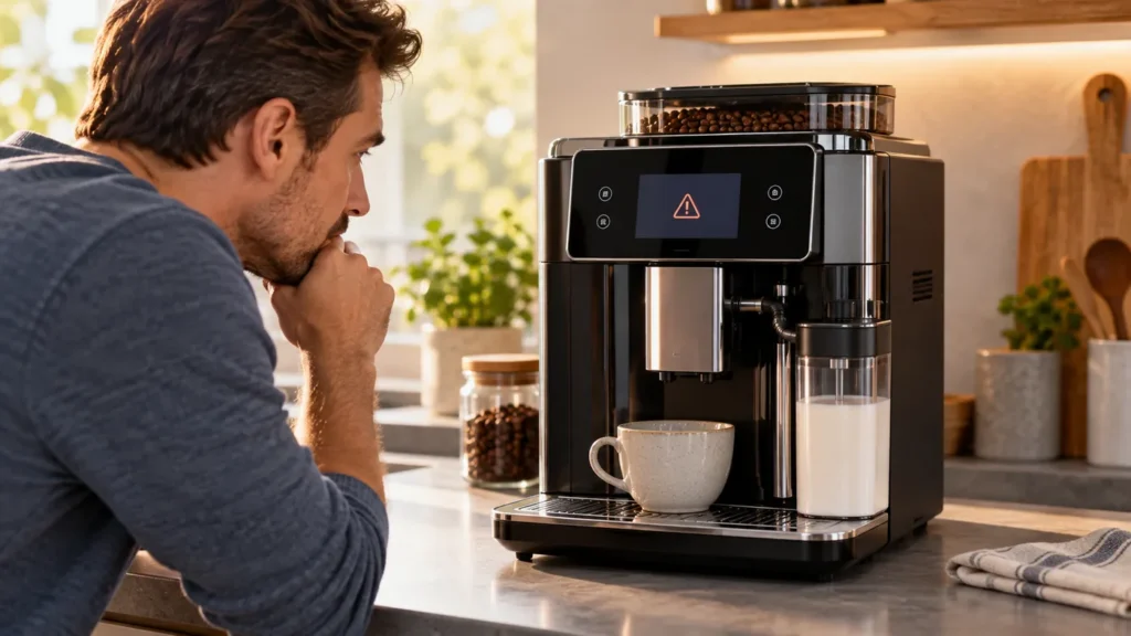 Owner looking at a warning symbol on a fully automatic espresso machine display