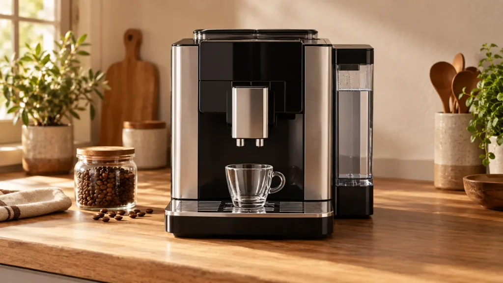Illustration of a superautomatic coffee machine with an empty cup while checking why a Saeco Xelsis makes no coffee