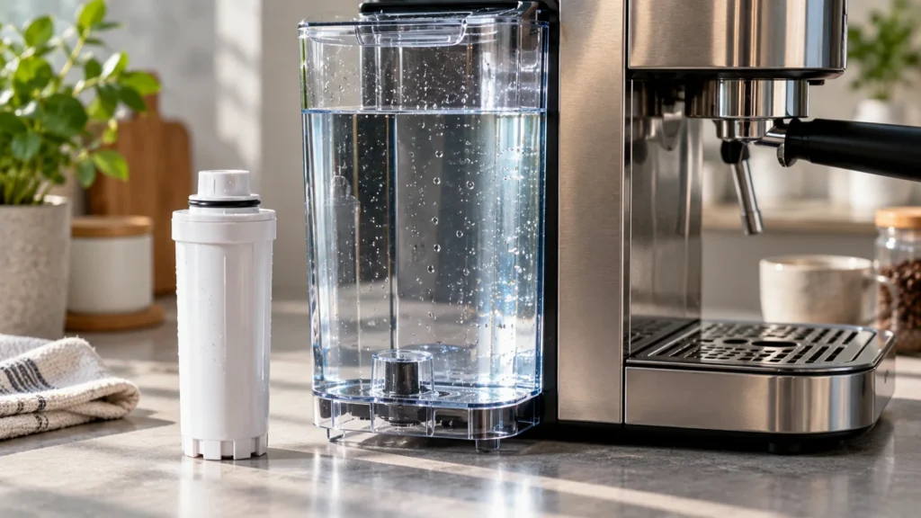 Water filter cartridge beside the Breville Barista Express water tank