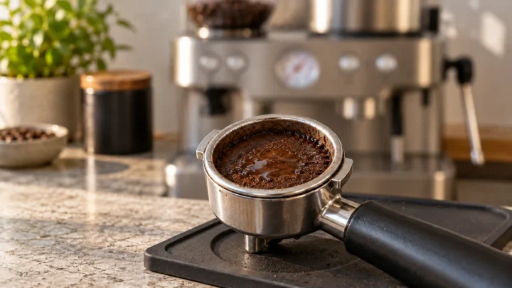 Damp used coffee puck with pooled water in a portafilter beside a home espresso machine