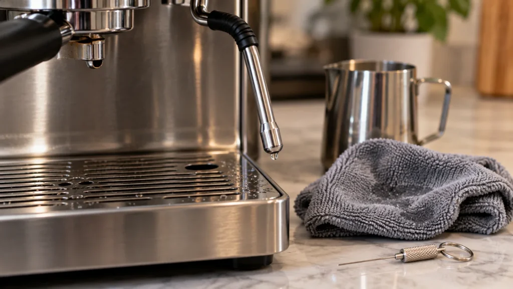 Steam wand directed over a drip tray with cloth and a cleaning pin nearby