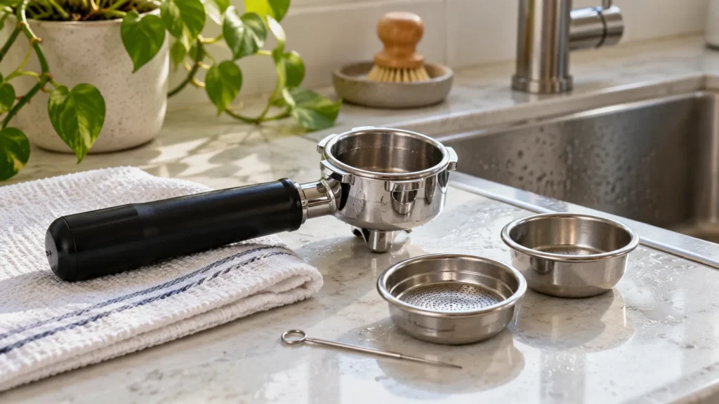 Portafilter and two filter baskets beside a sink; conceptual cleaning illustration