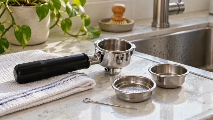 Portafilter and two filter baskets beside a sink; conceptual cleaning illustration