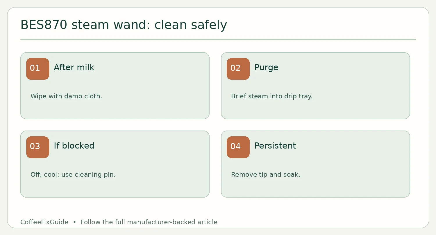 BES870 steam wand cleaning: wipe, purge, cool and clear blocked tip