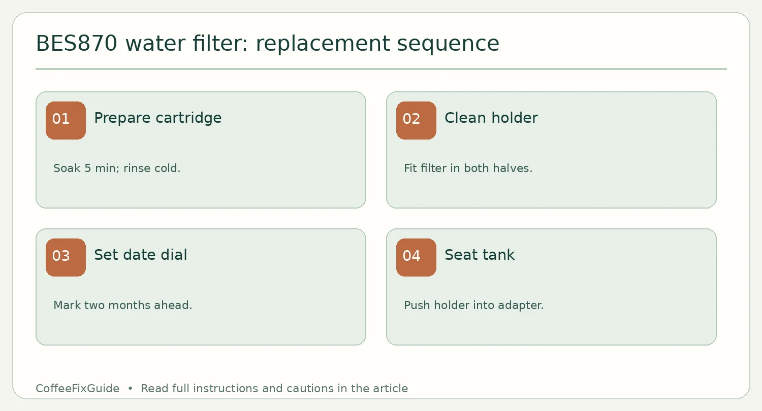 BES870 water filter replacement: soak and rinse, install in holder, set dial, seat in tank