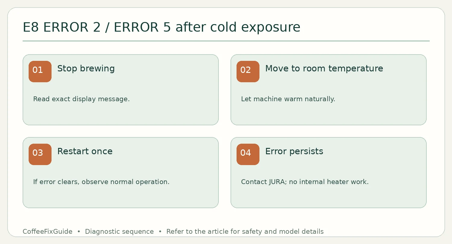 JURA E8 ERROR 2 or 5 diagnostic sequence after cold exposure: stop, warm at room temperature, restart, seek support