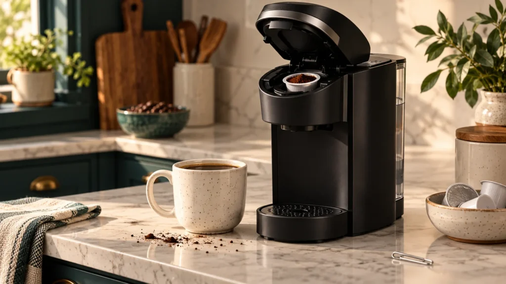 Editorial illustration for Keurig K-Supreme grounds in coffee