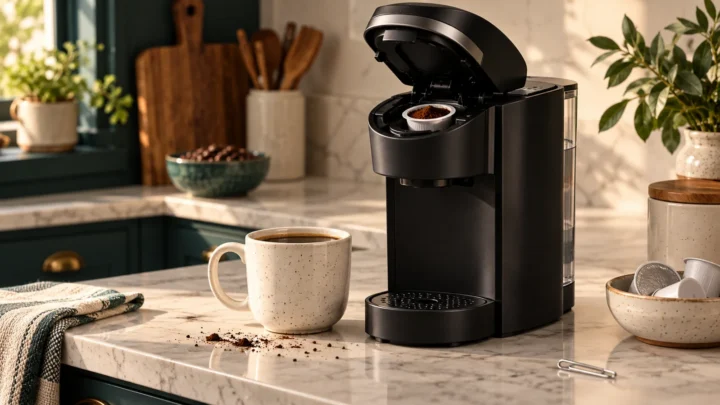 Editorial illustration for Keurig K-Supreme grounds in coffee