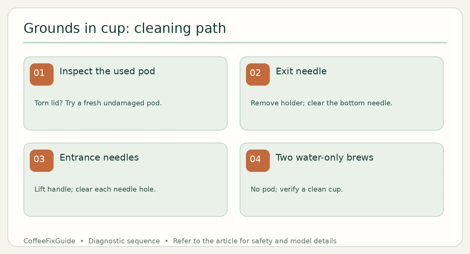 Four-step Keurig K-Supreme grounds-in-coffee sequence: pod, exit needle, entrance needles, two cleansing brews