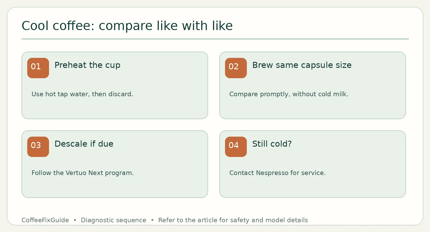 Four-step comparison for Nespresso Vertuo Next coffee not hot enough: preheat cup, brew same capsule, descale if due, contact support
