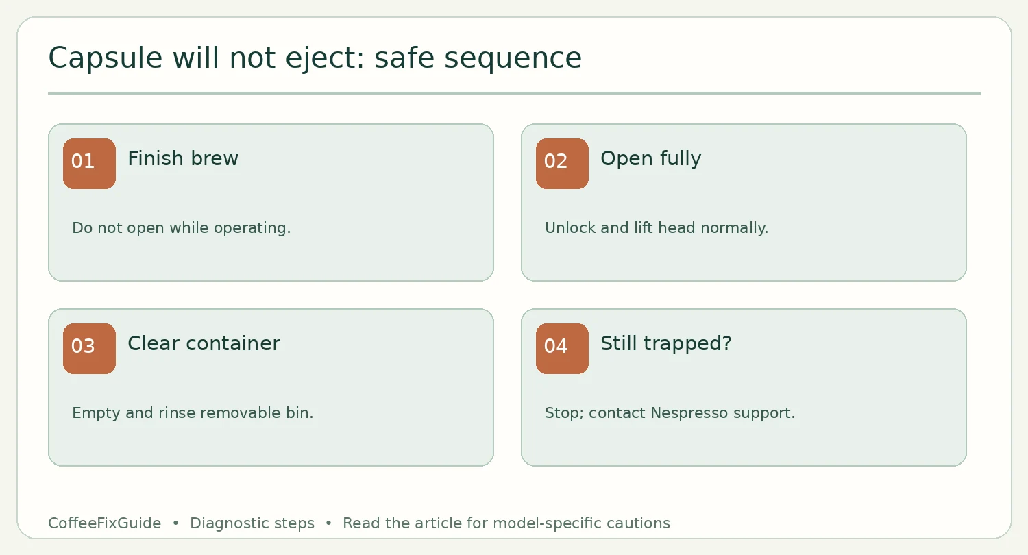 Nespresso Vertuo Next capsule ejection checks: finish brew, open head, empty used capsule bin and contact support if stuck