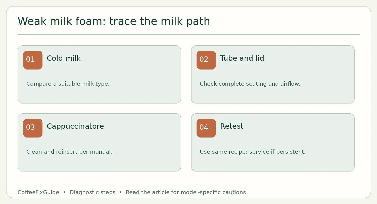 Saeco Xelsis weak foam diagnostic sequence: cold milk, tube, internal cappuccinatore and retest
