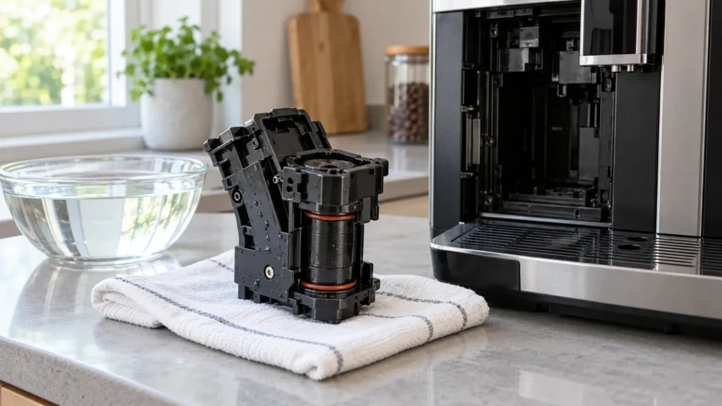 Illustrative removable infuser beside an automatic coffee machine for cleaning