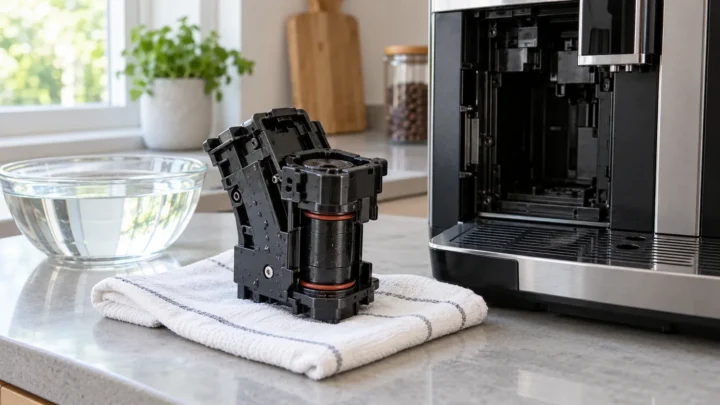 Illustrative removable infuser beside an automatic coffee machine for cleaning