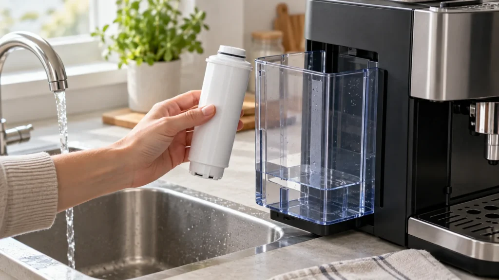 Water-filter cartridge held beside a water tank; conceptual replacement illustration