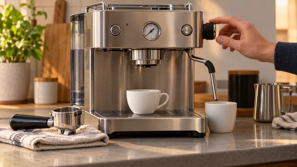 Editorial illustration of a generic espresso machine with an empty cup below the group and another under the steam wand