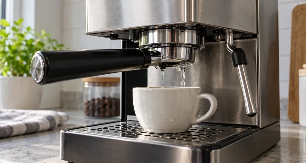 Generic stainless espresso machine showing water at the portafilter and group-head joint during a test brew