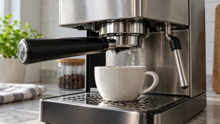 Generic stainless espresso machine showing water at the portafilter and group-head joint during a test brew