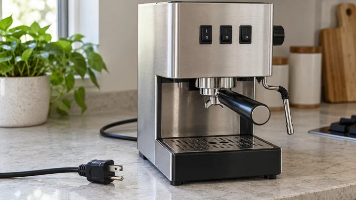 Closed stainless steel espresso machine with dark switches and an unplugged grounded power cord on a dry counter
