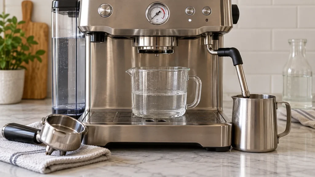 Representative espresso machine with steam wand and collection vessels during a rinse