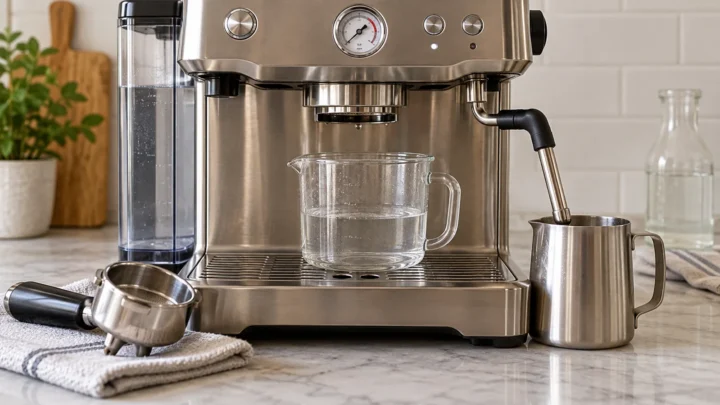Representative espresso machine with steam wand and collection vessels during a rinse