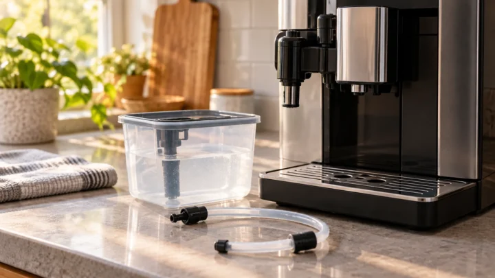 Conceptual coffee machine, milk pipe, and cleaning container on a counter
