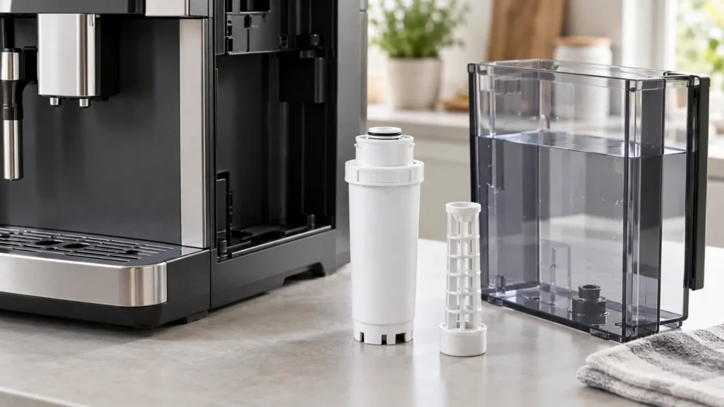 Coffee machine, water tank, and illustrative filter components on a counter