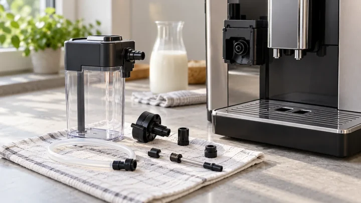 Coffee machine and detached milk-system components; conceptual illustration, not an E8 assembly reference
