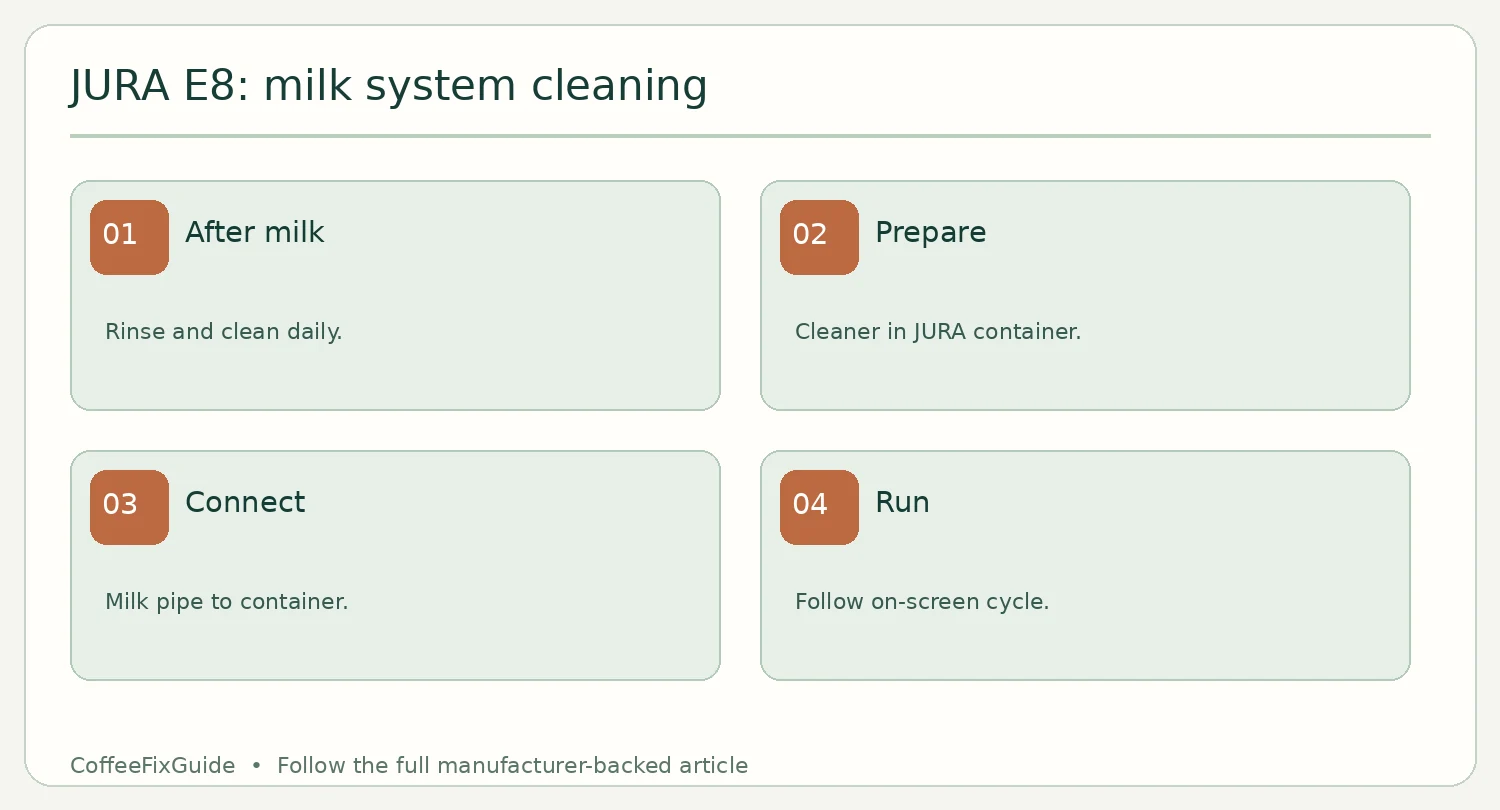 JURA E8 milk system cleaning: daily after milk, prepare cleaner, connect pipe and run guided cycle
