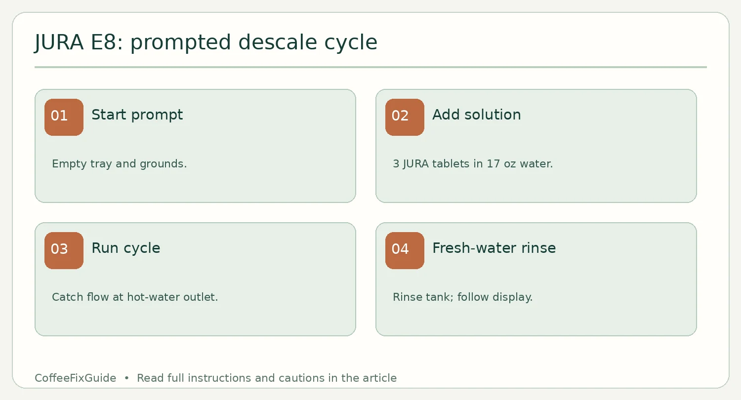 JURA E8 descaling sequence: prompt, descaling solution, cycle, fresh-water rinse