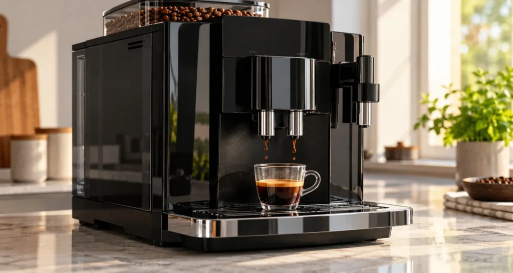 Generic automatic espresso machine dispensing only a few drops of coffee into an espresso cup