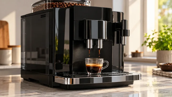 Generic automatic espresso machine dispensing only a few drops of coffee into an espresso cup