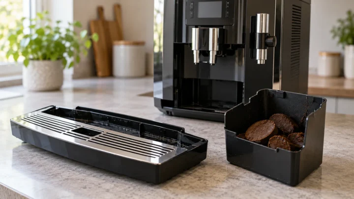 Removed drip tray and grounds container with used coffee pucks beside an automatic coffee machine