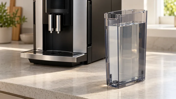 Full removable water reservoir beside a switched-off automatic espresso machine