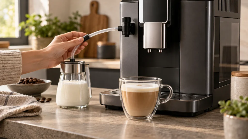 Editorial illustration of a generic automatic coffee machine, milk tube, and latte with weak foam