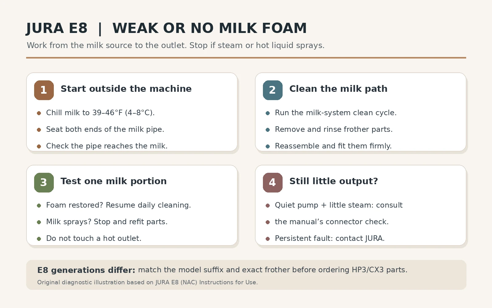 Four-step JURA E8 milk frother diagram: check milk and pipe, clean frother, retest, then inspect model-specific connector